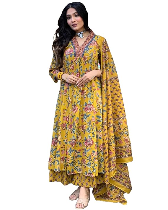 GoSriKi Women's Rayon Viscose Anarkali Printed Kurta with Palazzo & Dupatta
